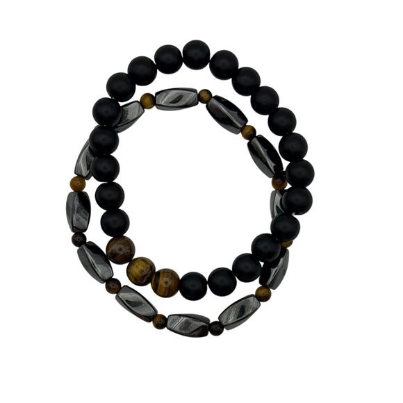 Hematite, Shunghite, and Tiger Eye Natural Stone Beaded Bracelet Duo - Picture 5 of 7